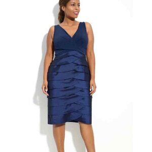 Adrianna Papell Tiered Midi Dress 10 Petite Chiffon V-neck Taffeta Shutter Pleat